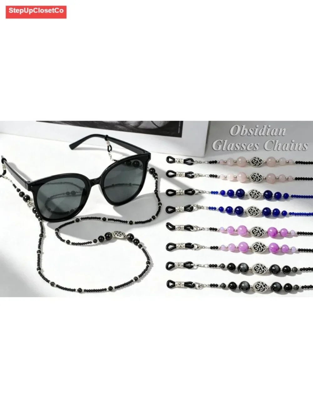 Beaded Eyeglass Chain for Women - Obsidian & Acrylic Glasses Holder Necklace